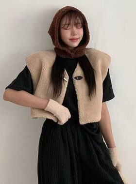 韩国宽松短款羊羔毛马甲女