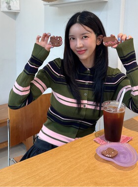 韩国东大门复古减龄坑条修身显瘦小翻领撞色条纹长袖针织开衫女