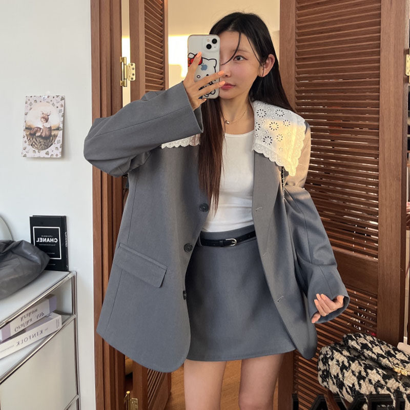 韩国东大门高级感可拆卸蕾丝花边大翻领西装外套女+半身裙裤套装