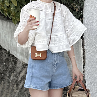 韩国东大门法式慵懒风蝙蝠袖短款宽松套头镂空刺绣衬衫女娃娃衫