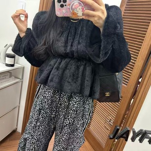 韩国东大门纯色圆领套头泡泡袖抽绳收腰短款毛毛衬衫女娃娃衫