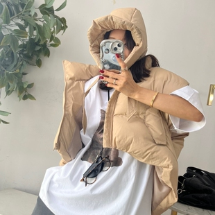 韩国东大门立领短款前短后长羽绒棉马甲外套女插兜连帽面包服马夹