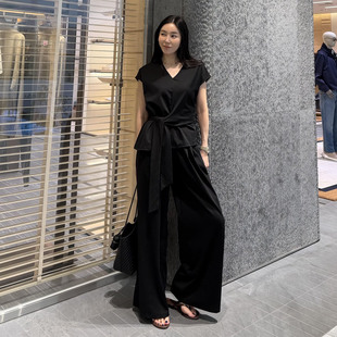 韩国东大门法式V领绑带收腰背心女小衫+高腰阔腿休闲裤两件套装