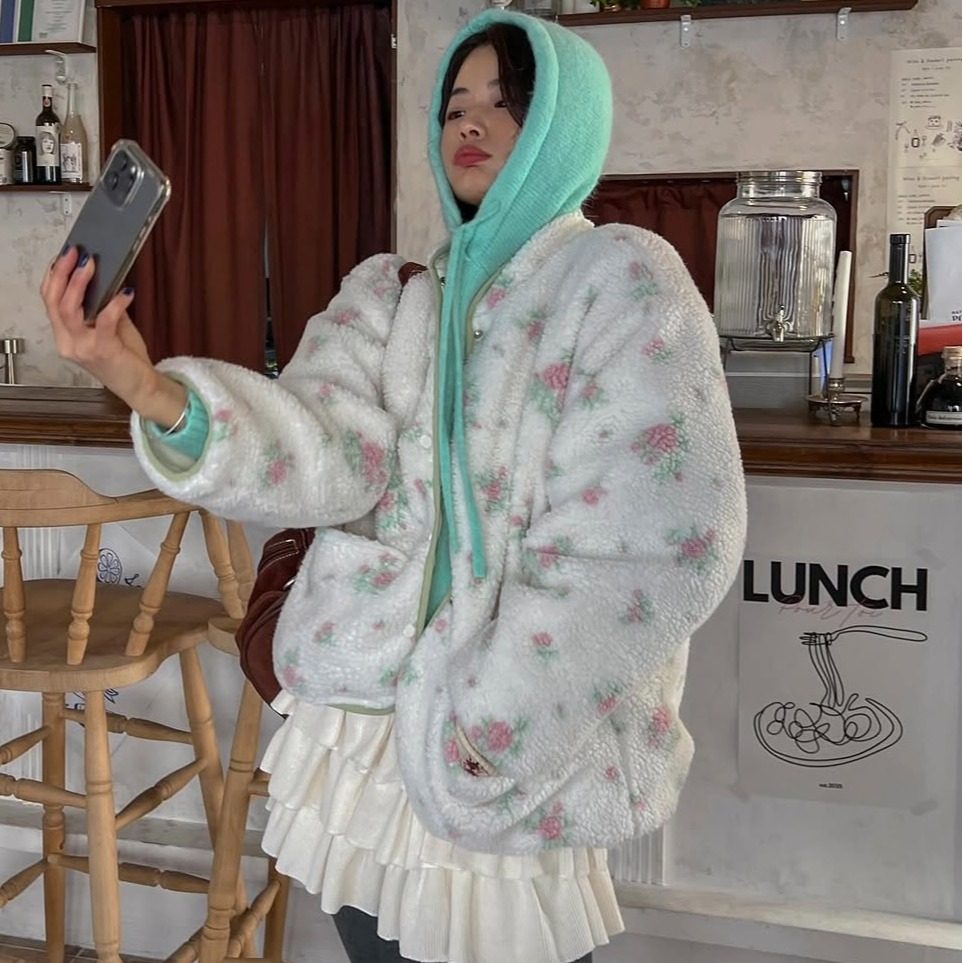 韩国东大门法式甜美立领小碎花双面穿羊羔绒保暖棉服外套女夹克