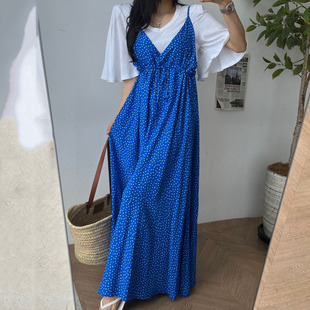 韩国东大门2025夏新款时尚波点印花吊带露背连衣裙吊带裙显高长裙