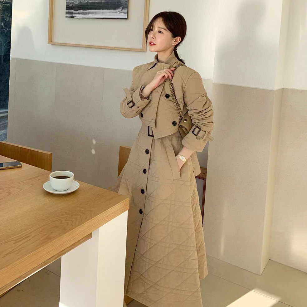 韩国格纹短款棉服马甲背心裙套装