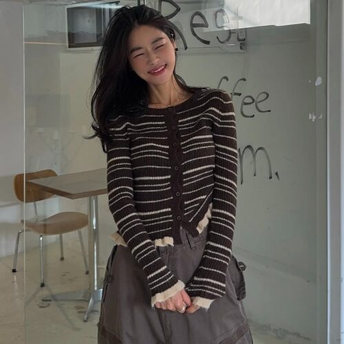 韩国圆领修身条纹针织毛衣打底衫