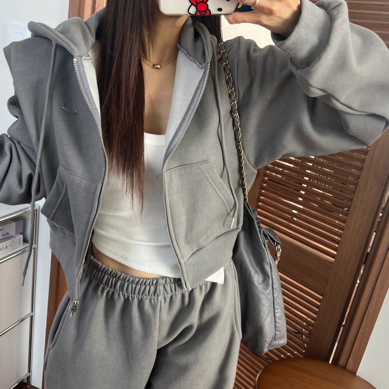 韩国东大门加绒加厚连帽拉链卫衣女开衫+高腰可束脚休闲卫裤套装