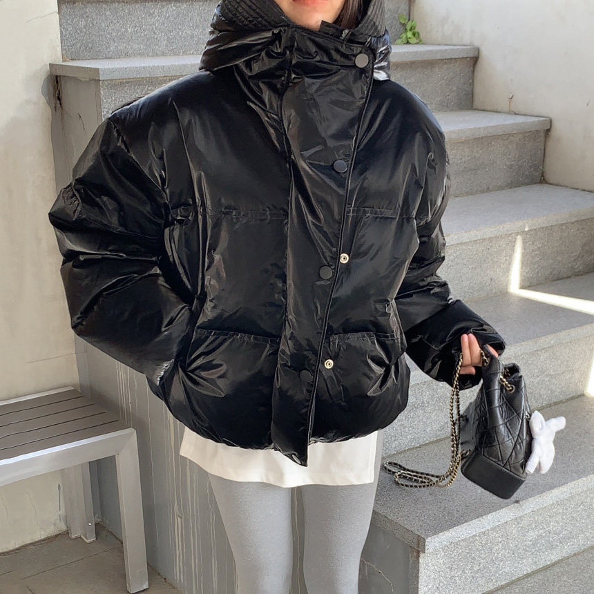 韩国东大门时尚减龄连帽羽绒棉服外套女保暖蓬松感亮皮显瘦短棉袄