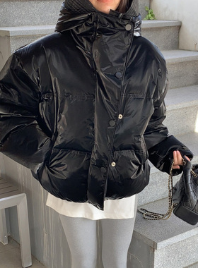 韩国东大门时尚减龄连帽羽绒棉服外套女保暖蓬松感亮皮显瘦短棉袄