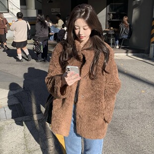韩国东大门气质小立领皮毛一体保暖毛茸茸外套女羊羔绒夹克大衣