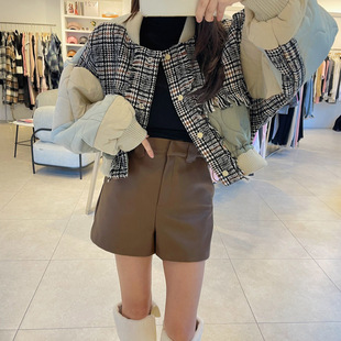 韩国东大门法式设计感粗纺拼接撞色宽松格纹保暖羽绒棉服外套女