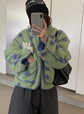 韩国东大门复古甜美撞色提花仿羊羔绒宽松夹棉保暖卫衣外套棉服女