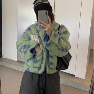 韩国东大门复古甜美撞色提花仿羊羔绒宽松夹棉保暖卫衣外套棉服女