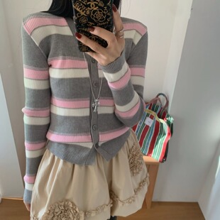 韩国东大门2026春装糖果色V领系扣彩色条纹螺纹针织毛衣开衫外套