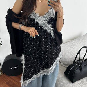 韩国东大门法式气质波点蕾丝花边V领不规则裙摆背心吊带连衣裙女