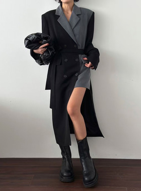 韩国东大门设计感个性拼色宽松不规则绑带中长款过膝西装外套风衣