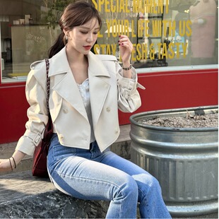 韩国东大门气质英伦风西装领宽松百搭PU皮衣机车服短外套女夹克