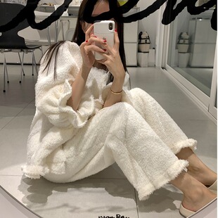 韩国东大门羊羔毛绒睡衣套装女珊瑚绒方领花边喇叭袖家居服两件套