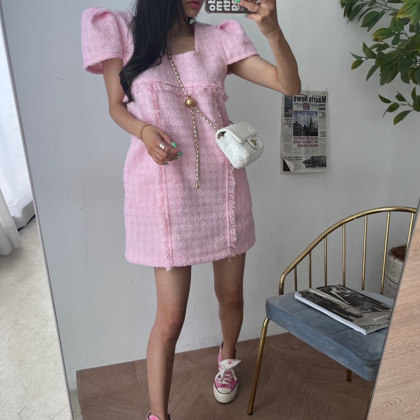 韩国小香风粗花呢连衣裙短款