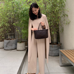 韩国东大门慵懒风宽松休闲中长款针织开衫背心阔腿裤三件套装女