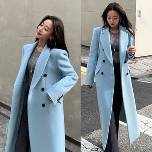 韩国东大门高级感复古西装领双排扣宽松休闲长款毛呢大衣外套女
