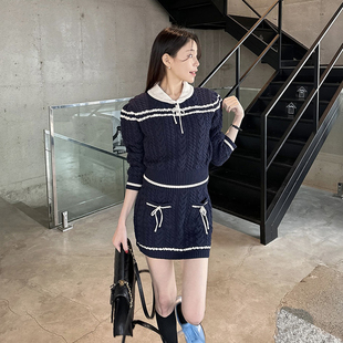 韩国东大门法式小香风娃娃领复古撞色毛衣针织衫+包臀半身裙套装