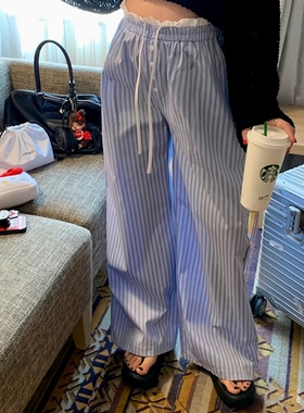 韩国东大门蓝色条纹垂感阔腿休闲裤女宽松显瘦抽绳高腰直筒长裤