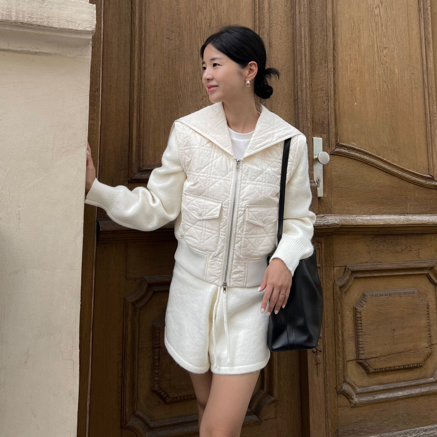 韩国海军领披肩菱形格羽绒棉服