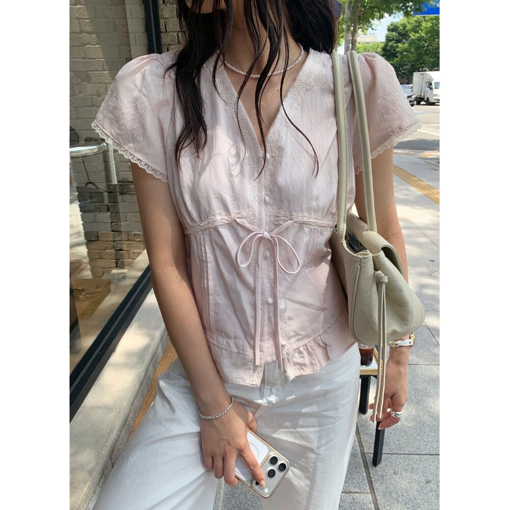 韩国蕾丝花边蝴蝶结系带短袖衬衫