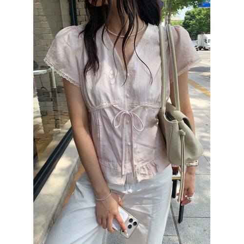 韩国蕾丝花边蝴蝶结系带短袖衬衫
