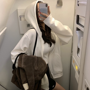 韩国东大门懒惰风纯色百搭连帽宽松拉链卫衣外套女夹克开衫上衣