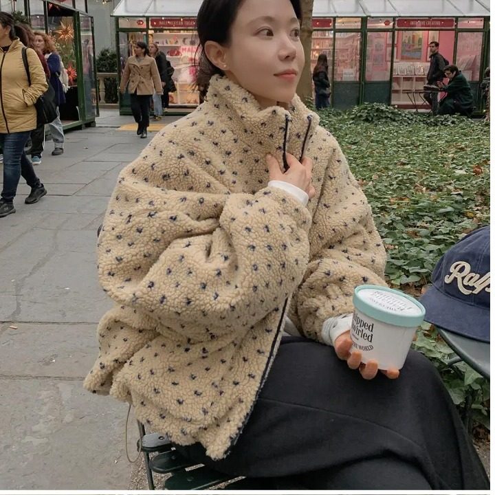 韩国爱心波点羊羔毛卫衣外套