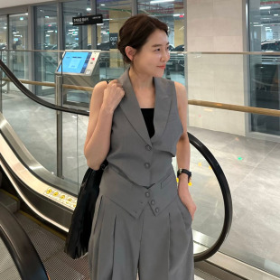 高腰宽松直筒阔腿西裤 马甲背心女 两件套 气质西装 韩国东大门法式