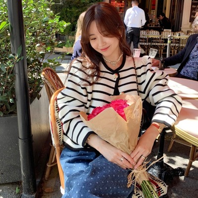 韩国撞色条纹针织毛衣外套