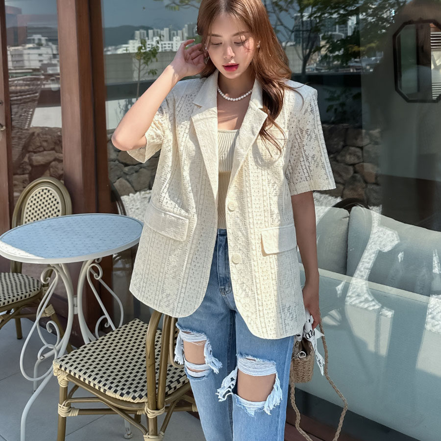 韩国东大门法式设计感重工刺绣蕾丝镂空垫肩短袖西装外套女小西服