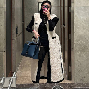 韩国东大门小香风皮毛一体仿羊羔毛马甲外套中长款撞色保暖大衣女