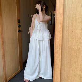 韩国东大门甜美V领系带天丝背心吊带衫+松紧腰宽松阔腿休闲裤套装