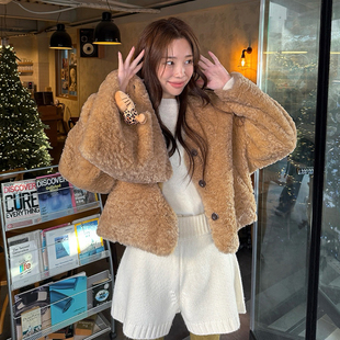 韩国东大门小香风皮毛一体羊羔绒V领加绒保暖毛绒短外套女配包包