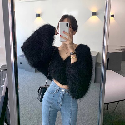 韩国v领短款针织毛衣开衫外套