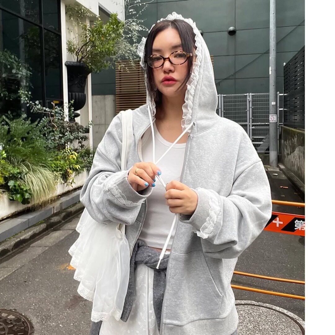 韩国蕾丝花边宽松连帽卫衣外套