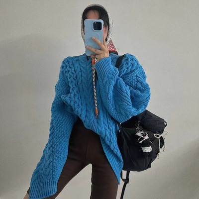 韩国套头宽松中长款麻花针织毛衣