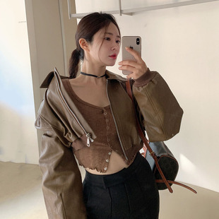 韩国东大门2023秋新款高级感帅气高腰短款pu皮衣机车服夹克外套女