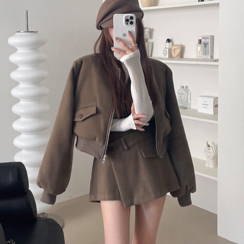 韩国东大门复古时髦个性短款夹棉夹克外套女+不规则半身裙裤套装,女装/女士精品,时尚套装,淘宝优惠券,粉丝福利购,淘宝优惠卷