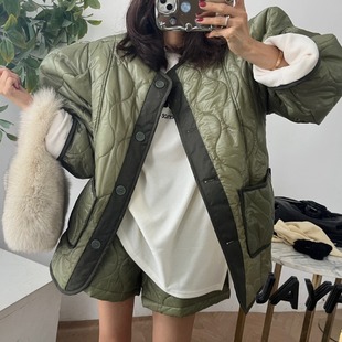 套装 韩国东大门菱格波浪纹加绒加厚保暖羽绒棉服外套 休闲短棉裤