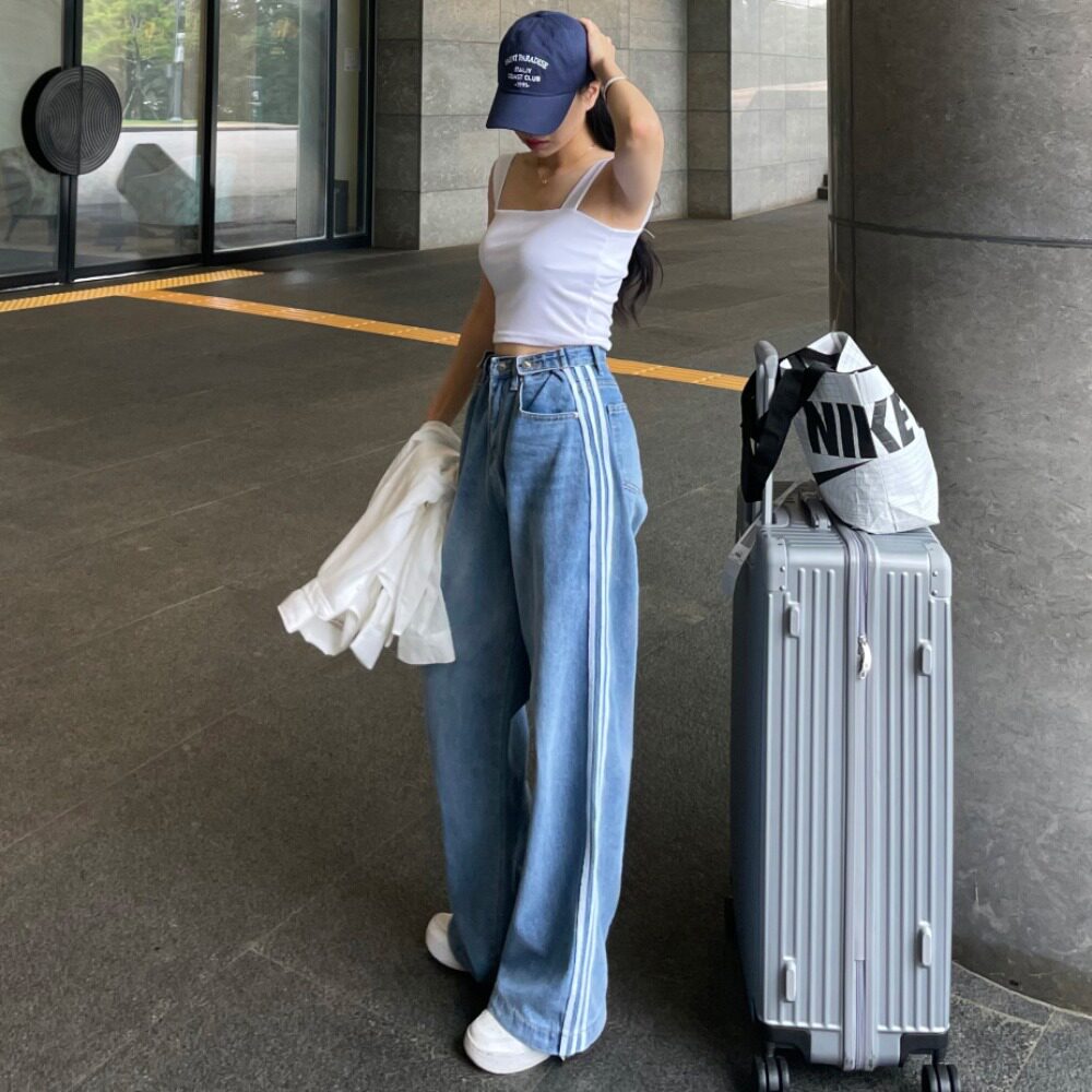 韩国可调节腰条纹阔腿牛仔裤女