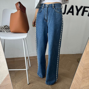 韩国东大门2025春装新款时髦钉珠高腰显瘦直筒裤休闲阔腿牛仔裤女