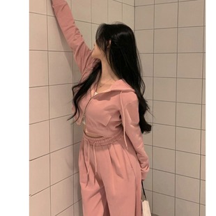 韩国东大门懒惰风双拉链连帽卫衣外套女+高腰休闲卫裤运动套装