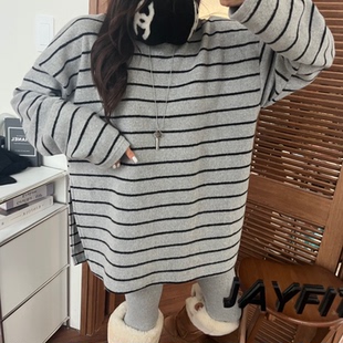 韩国东大门2025秋冬新款加厚条纹磨毛侧边开叉长袖T恤打底衫上衣