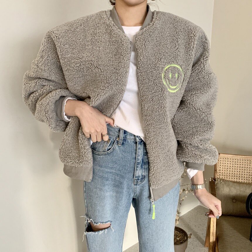 韩国东大门2025冬装立领仿羊羔毛笑脸刺绣夹棉加厚保暖外套女夹克
